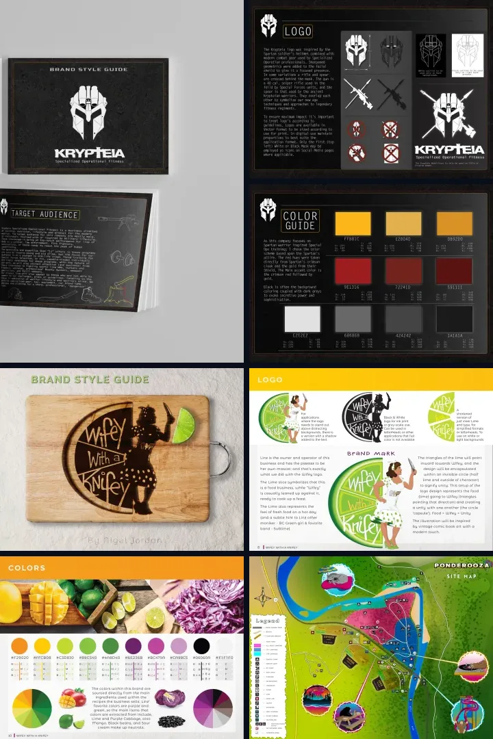 Collage of brand style guide pages: the Krypteia guide with its logo and colour pages, the Wifey with a Knifey guide cover, logo and colour pages, and the Ponderooza festival site map