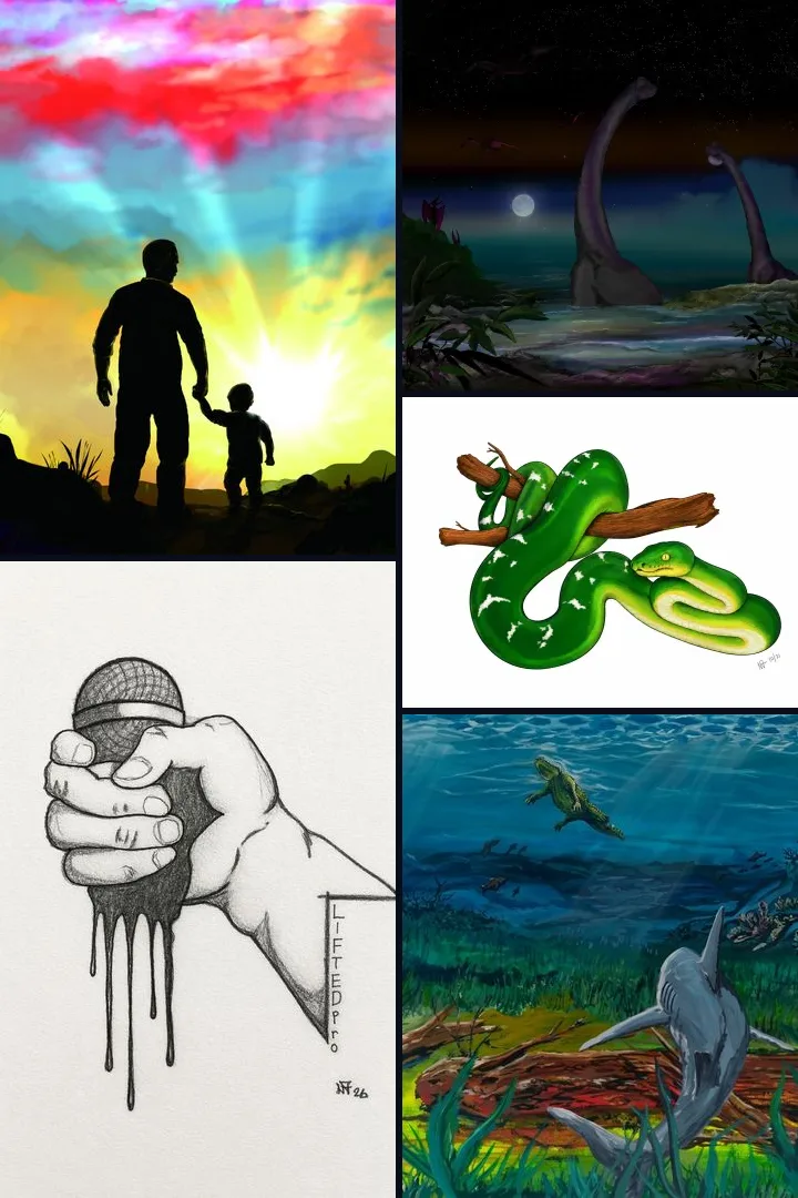 Collage of five illustrations: a father and son at sunrise, an ink drawing of a hand gripping a microphone, sauropods in a moonlit lagoon, a green tree boa and a shark hunting a crocodile