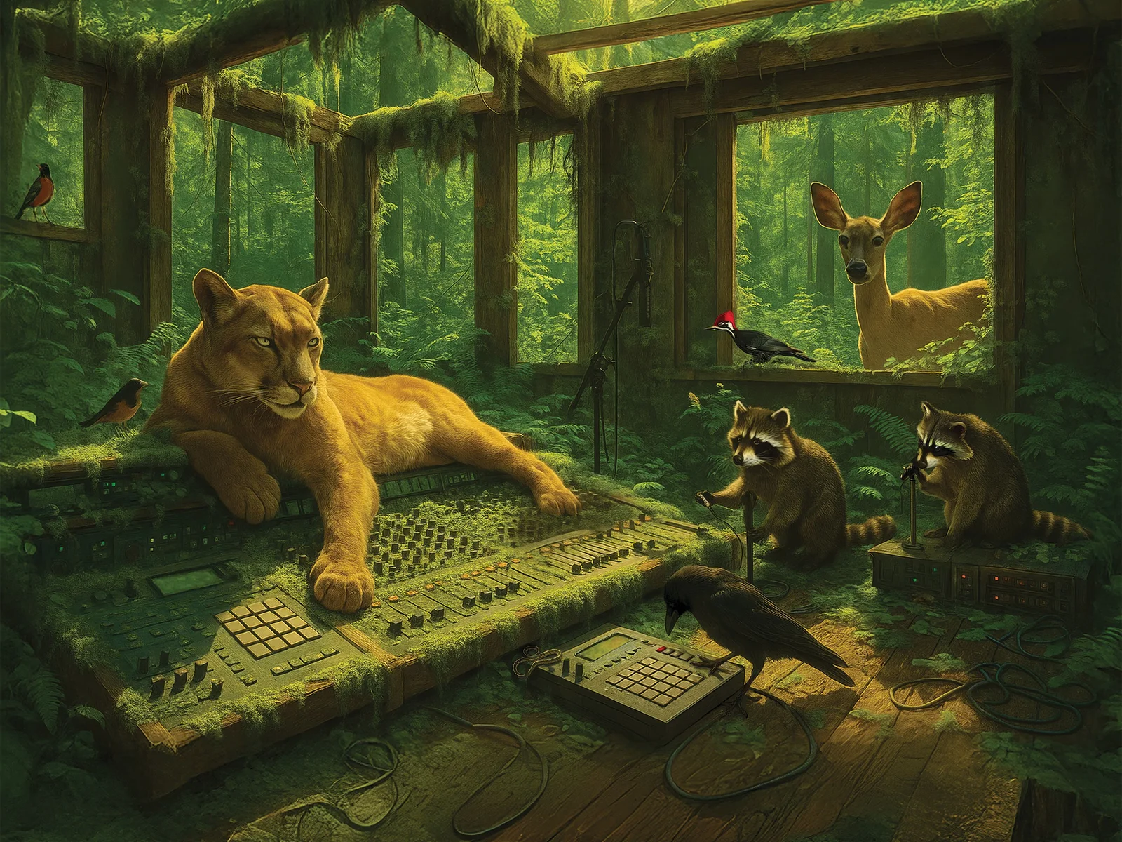 A cougar draped across a moss-covered mixing console in a green summer forest studio, with raccoons at the microphone stands and a deer watching through the window frame
