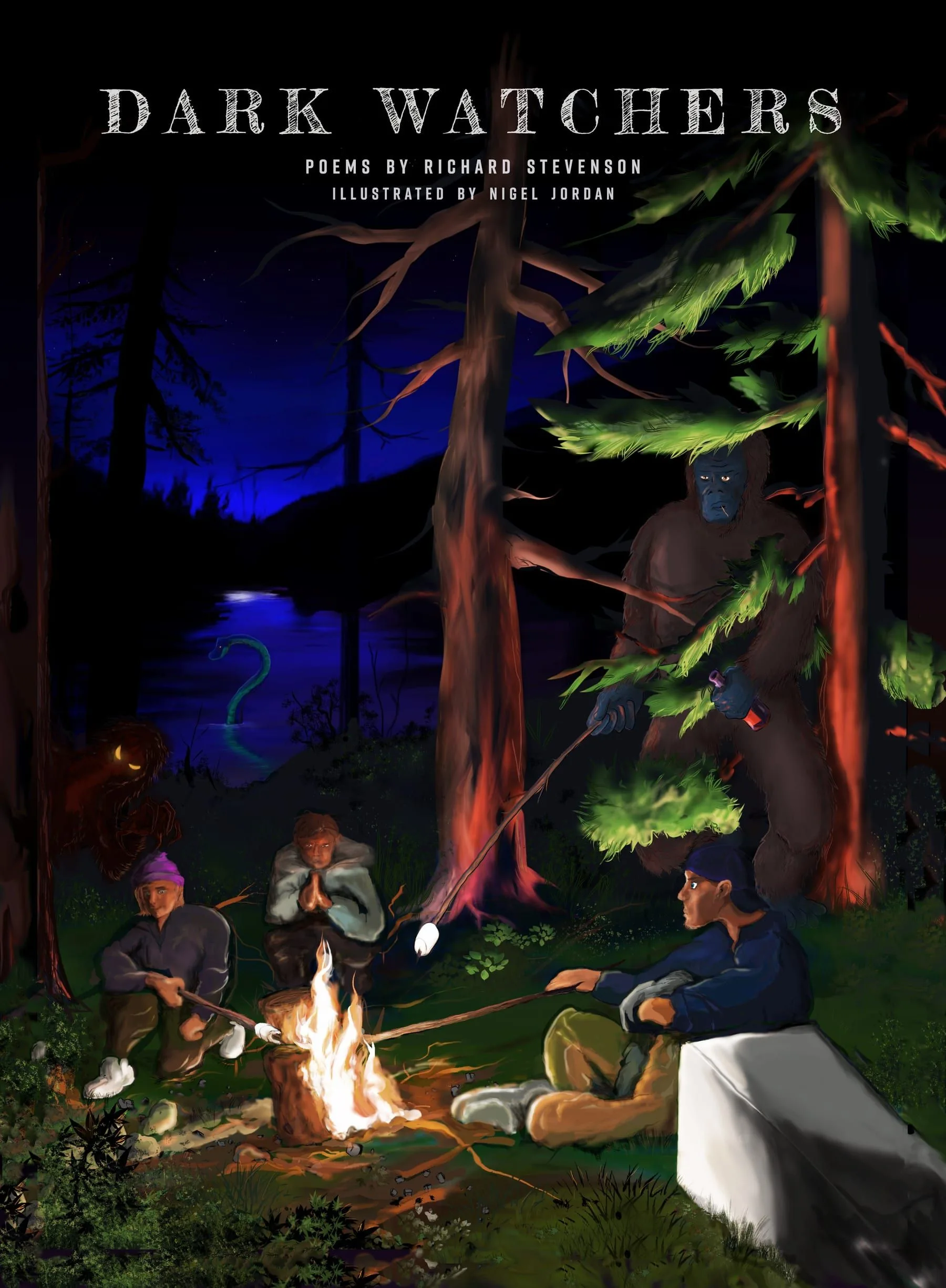 Book cover showing shadowy figures watching from a moonlit treeline