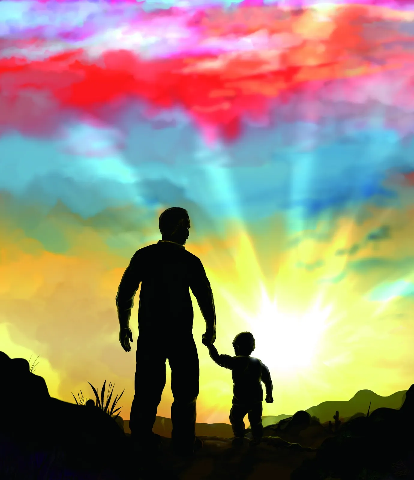 Silhouette of a father holding his young son's hand, walking toward a blazing sunrise