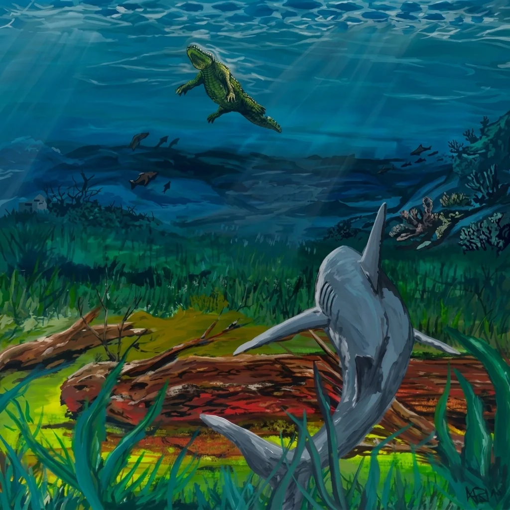 Acrylic painting of a shark circling a sunken log while a crocodile swims above through shafts of light