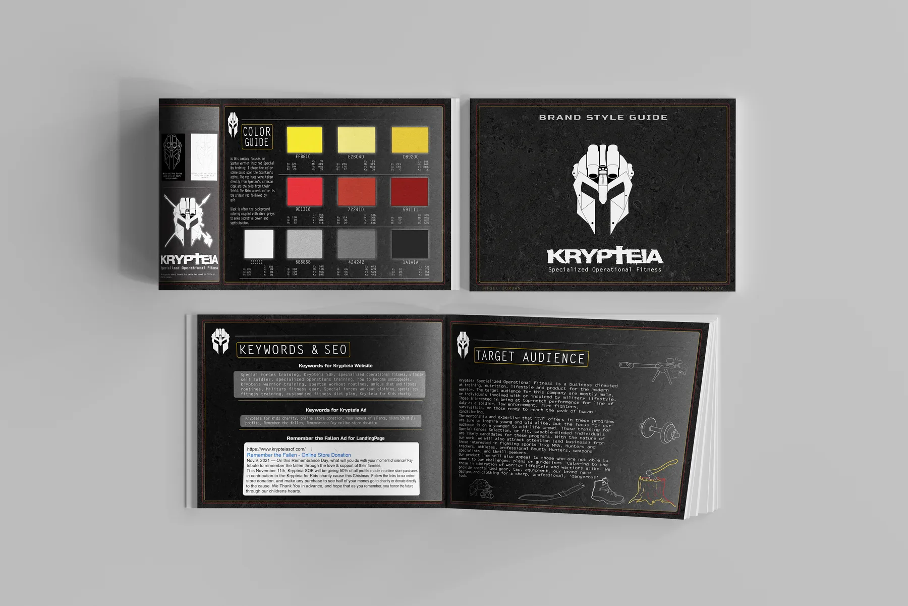 Printed brand style guide open on a white surface, showing the colour swatches and mask logo pages