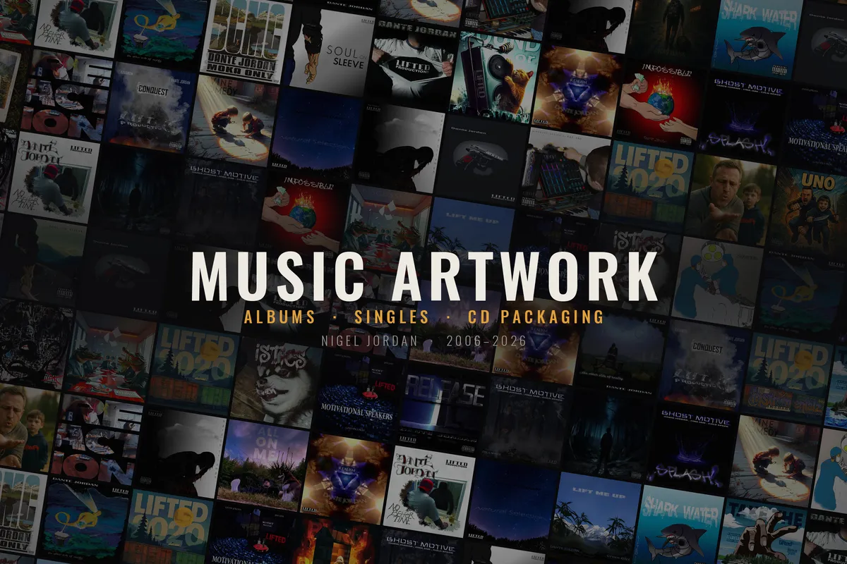 A wall of album and single covers from the Lifted Productions catalogue, with the title Music Artwork over it